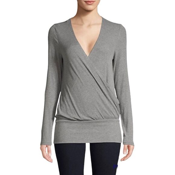 BCBGMaxAzria Crossover V Neck Long Sleeve Top Heather Gray Women’s US Size Small - Picture 1 of 5